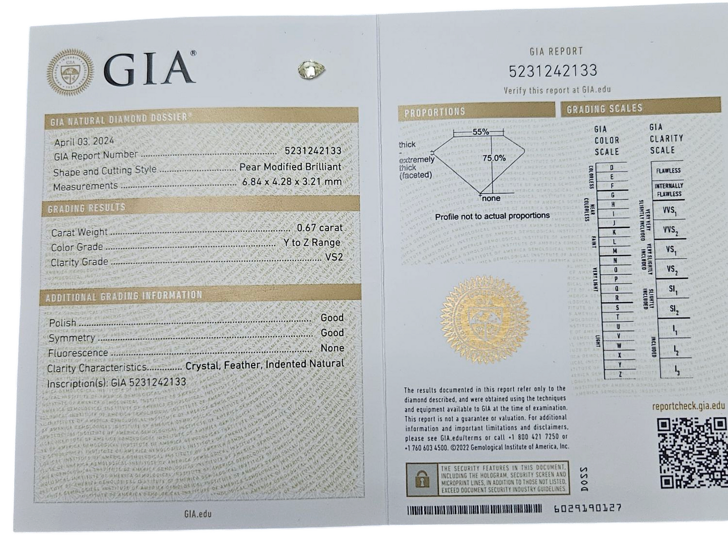 Diamante naturale pera certificato GIA 0.67ct