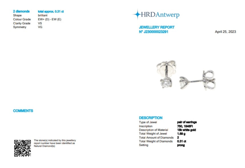 orecchini punto luce certificato HRD in oro bianco 18k con 2 diamanti naturali 0,31 ct