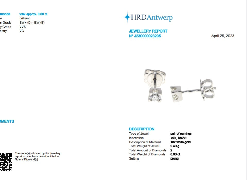 Pendientes punto de luz con certificación HRD en oro blanco de 18k y 2 diamantes naturales de 0,60ct