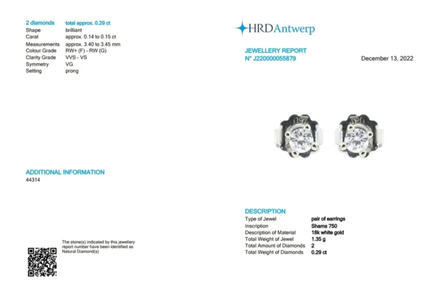orecchini punto luce certificato HRD in oro bianco 18k e 2 diamanti naturali 0,29 ct